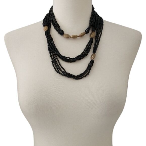 Multi Strand Beaded Necklace LONG 60" Black Seed Beads Brass Colored Stations - Picture 15 of 16